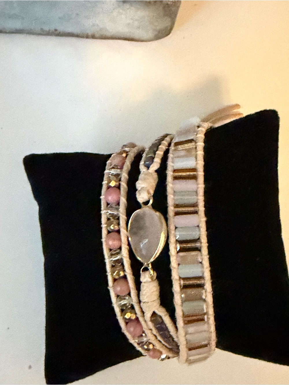 Multi-Strand Pink and Beige Beaded Wrap Bracelet with Rose Quartz Accent